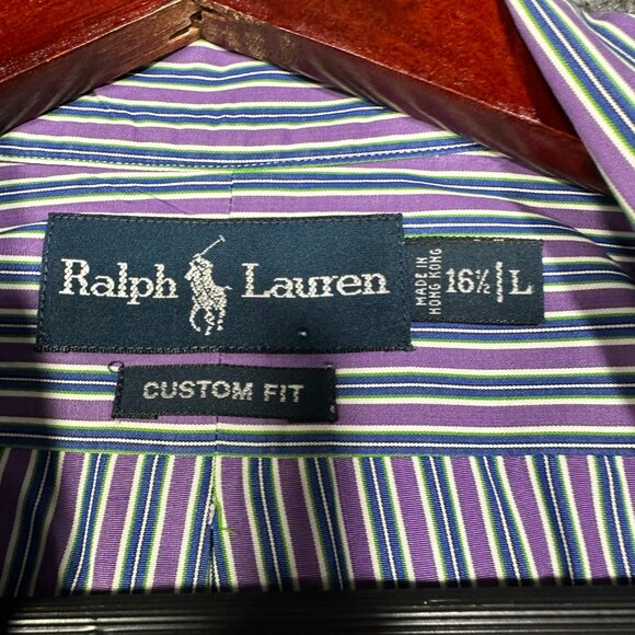 Ralph Lauren Shirt Mens 16.5 Custom Fit Button Down Purple Blue Stripe Cotton - Picture 5 of 8